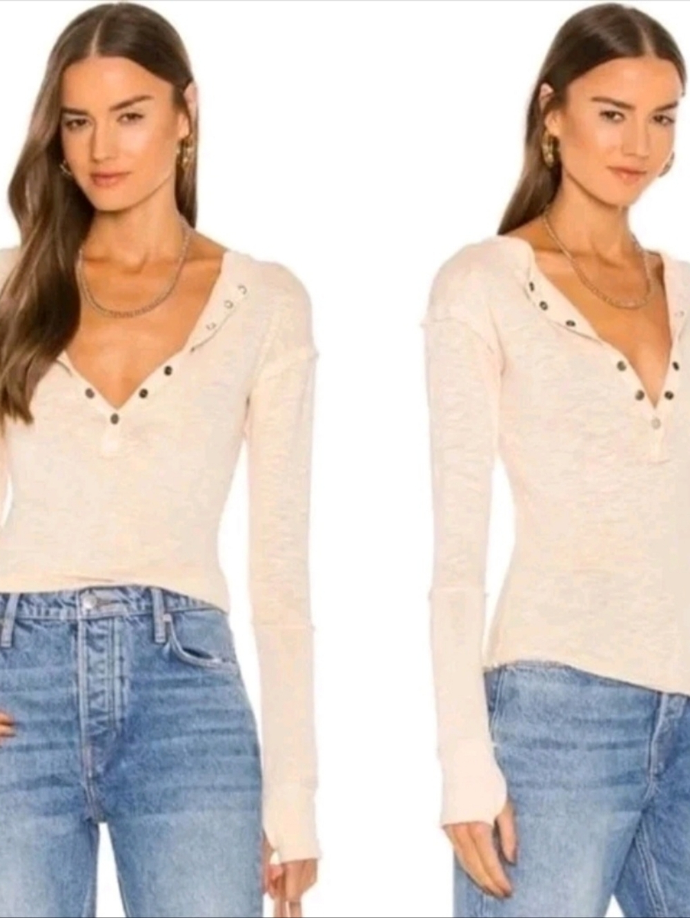 We The Free Free People Phoebe Long Sleeve Henley Shirt Top Tan Beige Cotton M